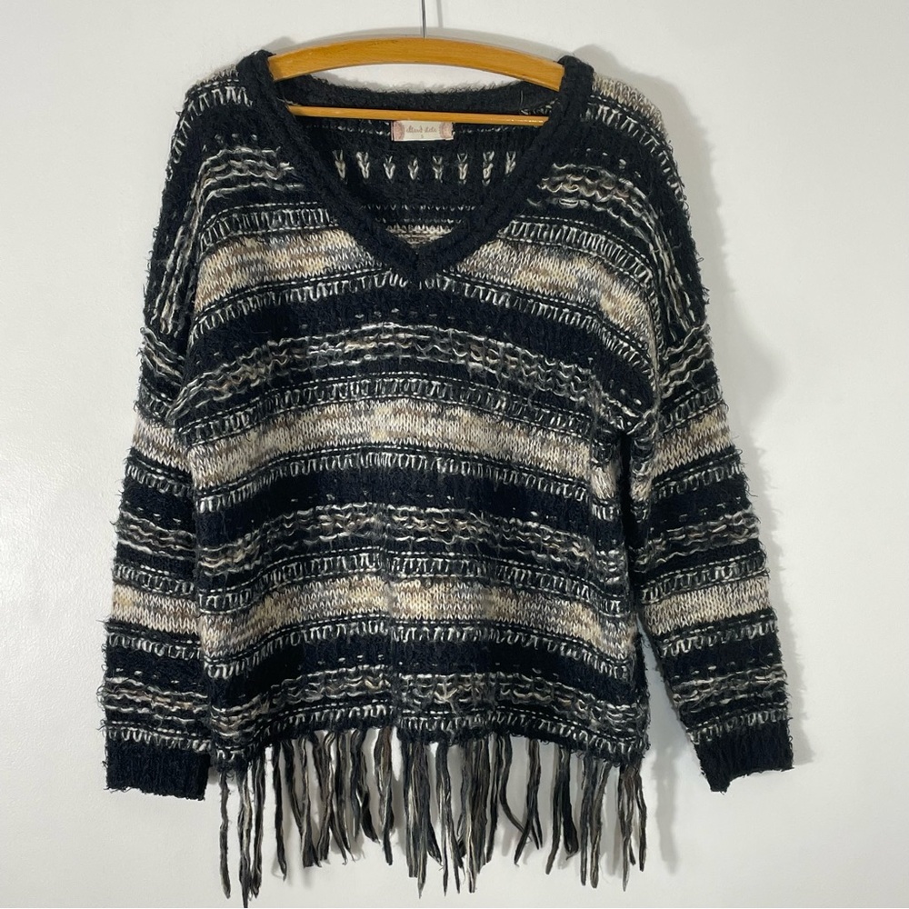 Altar’d State Boho Fringe Vee Neck Black & Tan Striped Sweater Size S